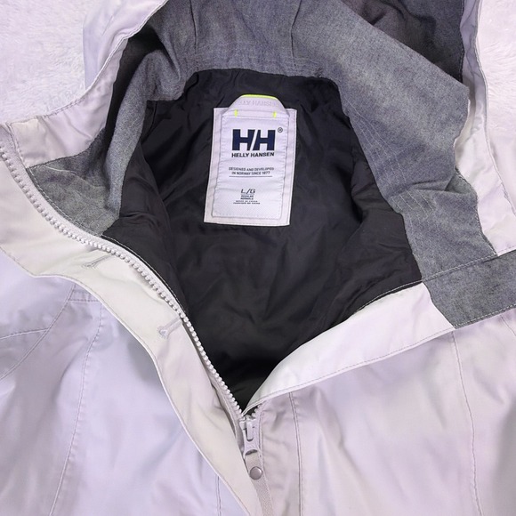 Helly Hansen Women's Large Full-Zip Long Rain Jacket Hooded White Zip Pockets - Picture 2 of 10